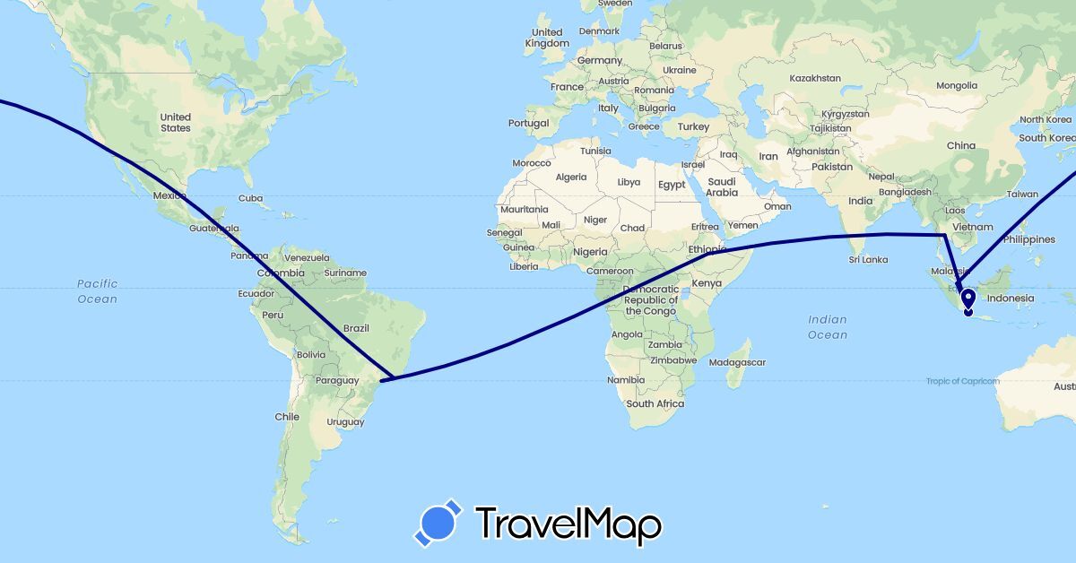 TravelMap itinerary: driving in Brazil, Ethiopia, Indonesia, Singapore, Thailand, United States (Africa, Asia, North America, South America)